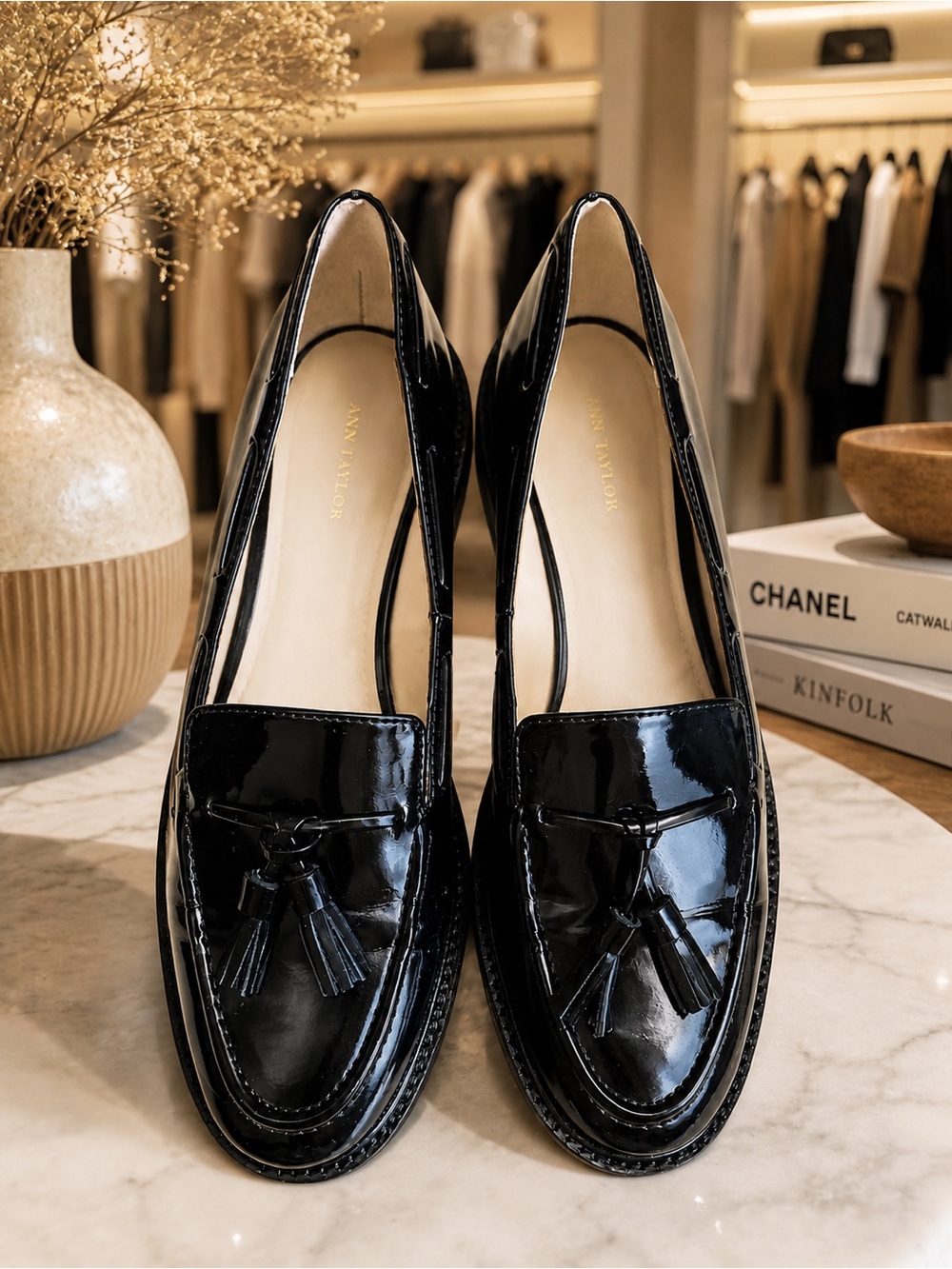 Ann Taylor Black Patent Tassel Loafers